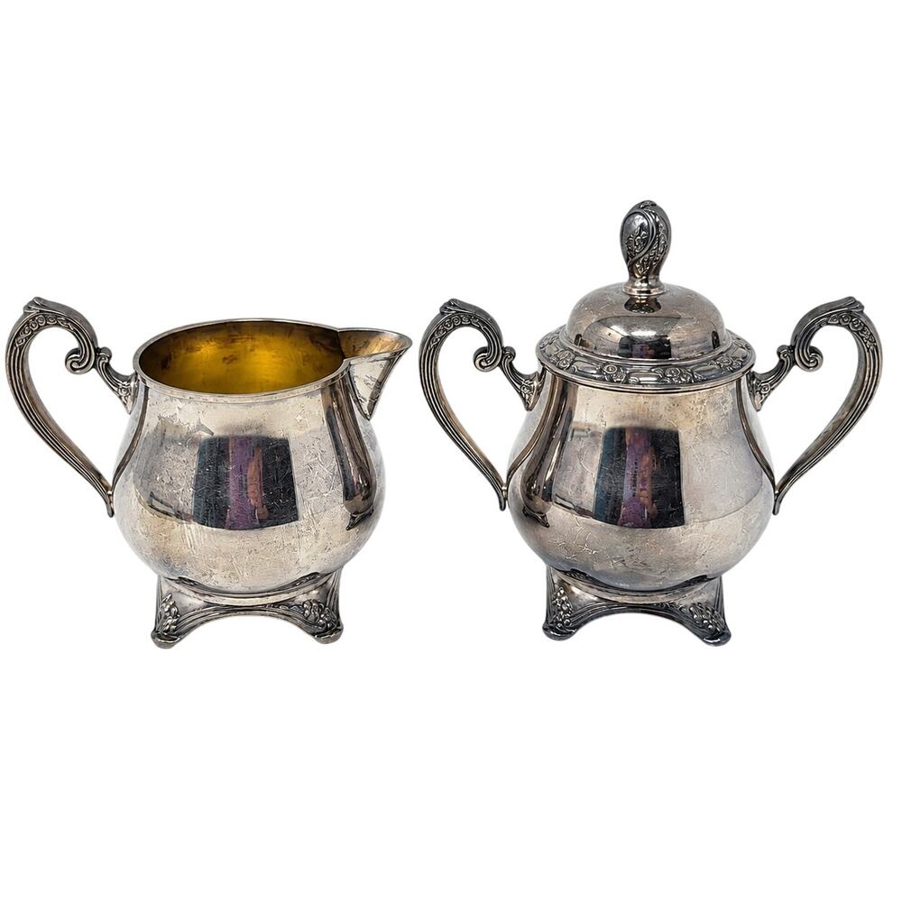Vintage Oneida Silverplate Creamer Sugar Bowl Set Floral Footed Mid Century